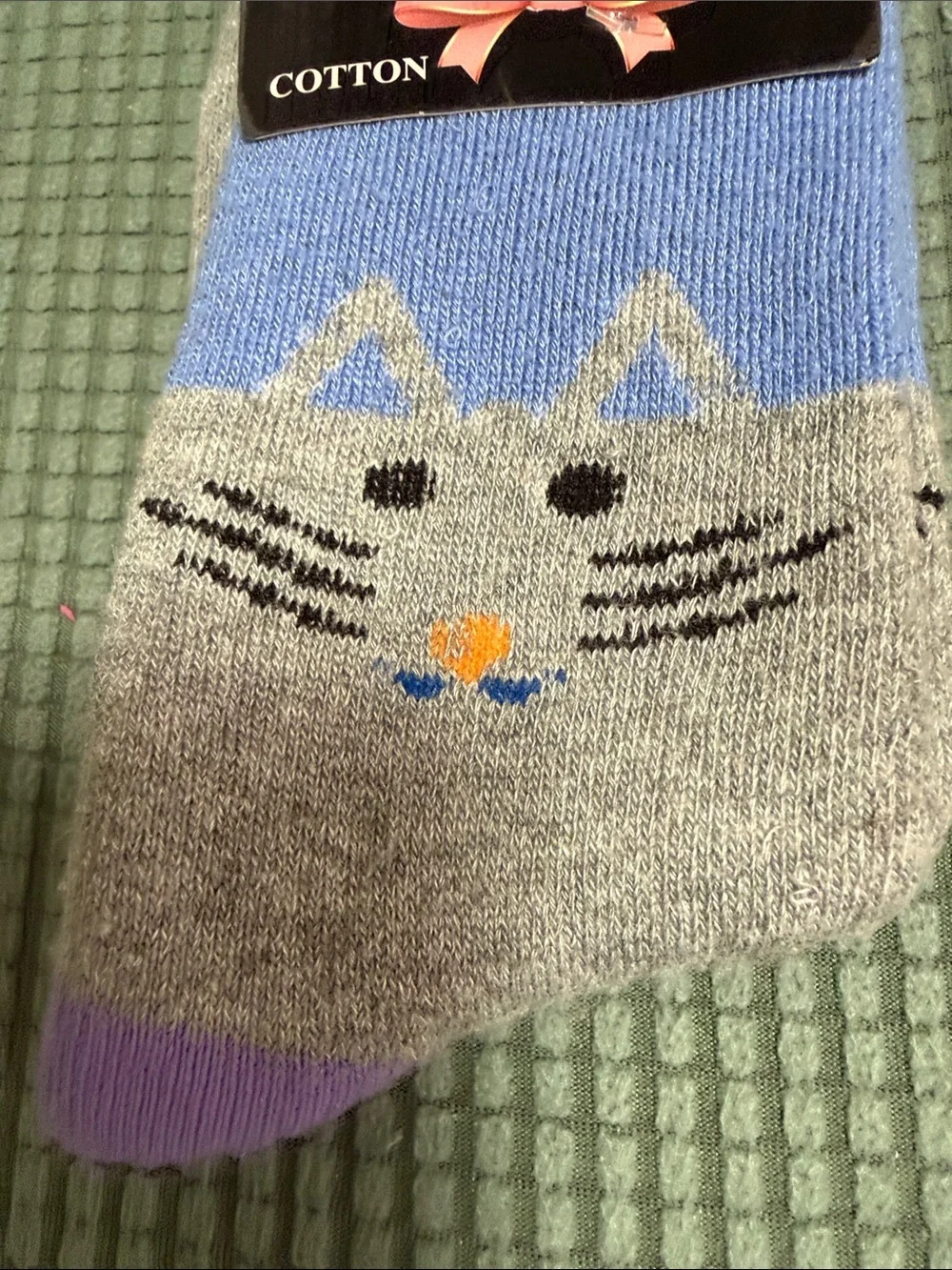 Source Unknown Blue and Gray Cat Face Cotton Socks
